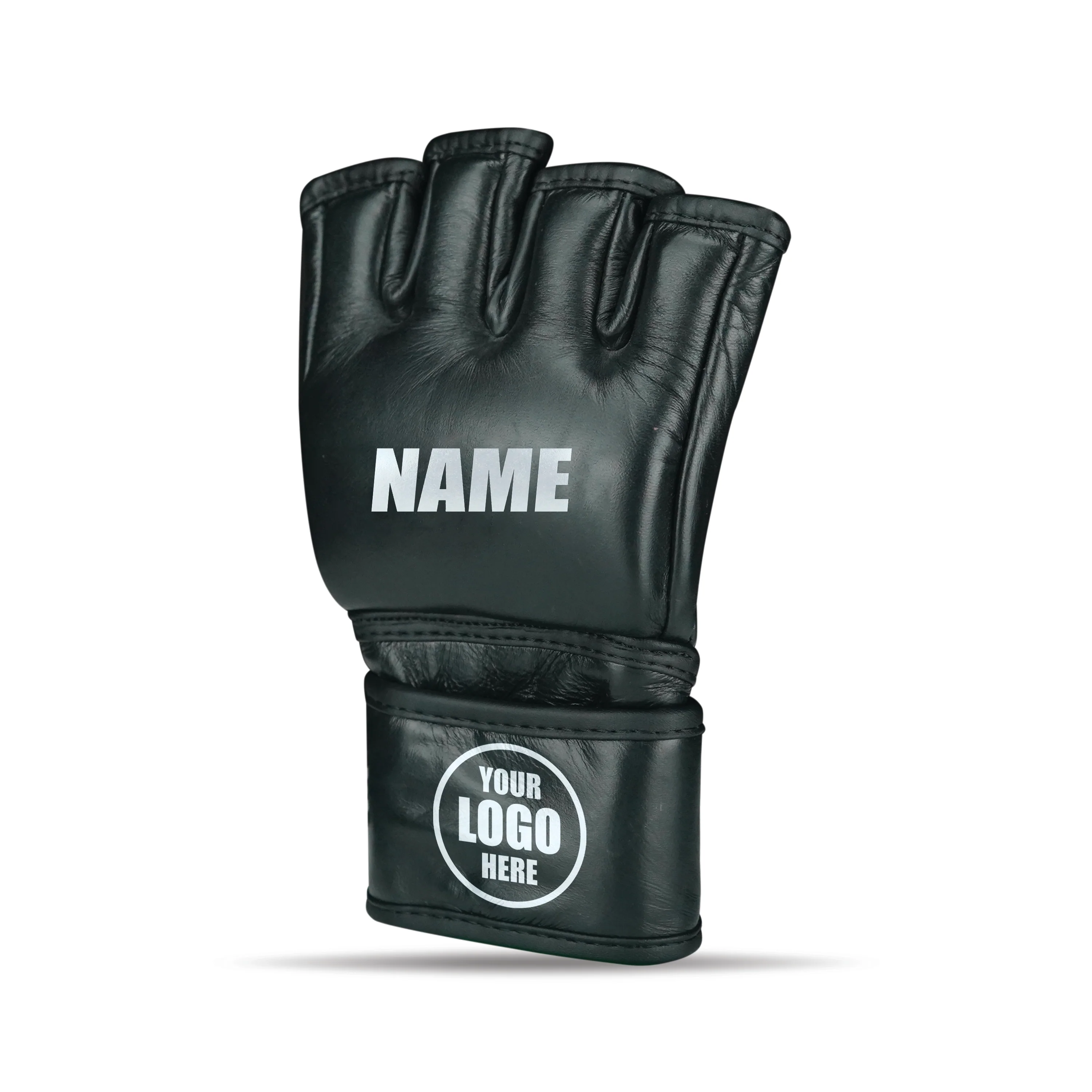 CUSTOM PRO BLACK MMA FIGHT GENUINE LEATHER GLOVES - Image 2