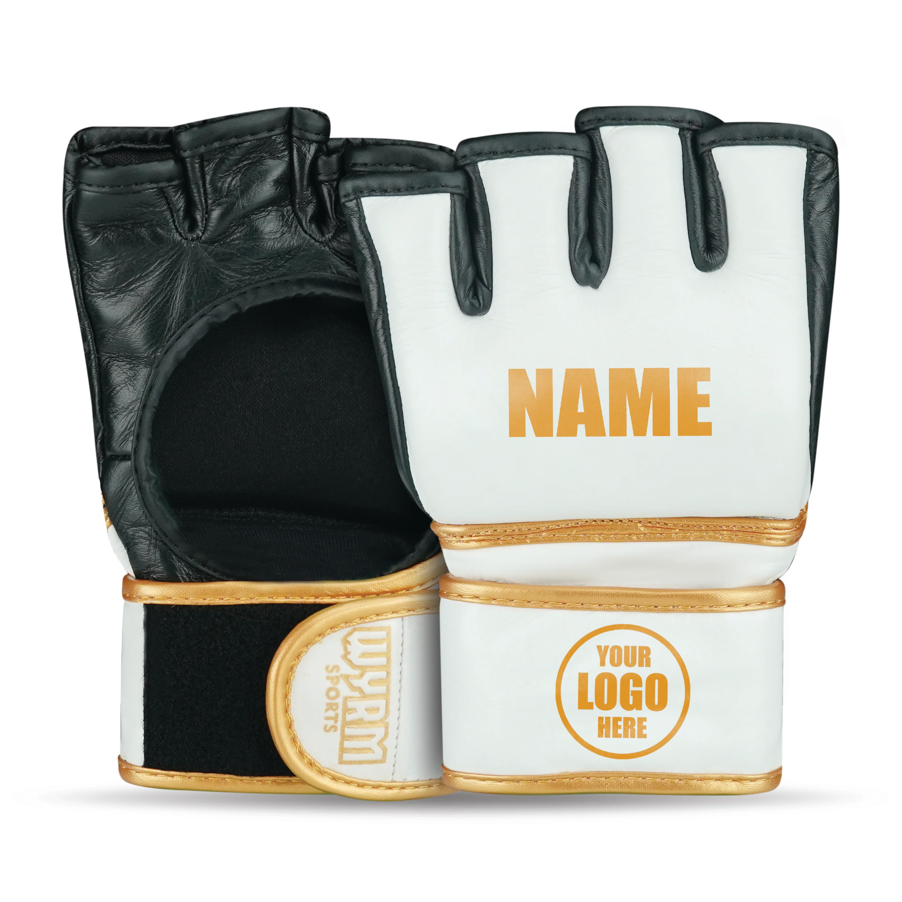 CUSTOM PRO GOLD/WHITE MMA FIGHT GENUINE LEATHER GLOVES