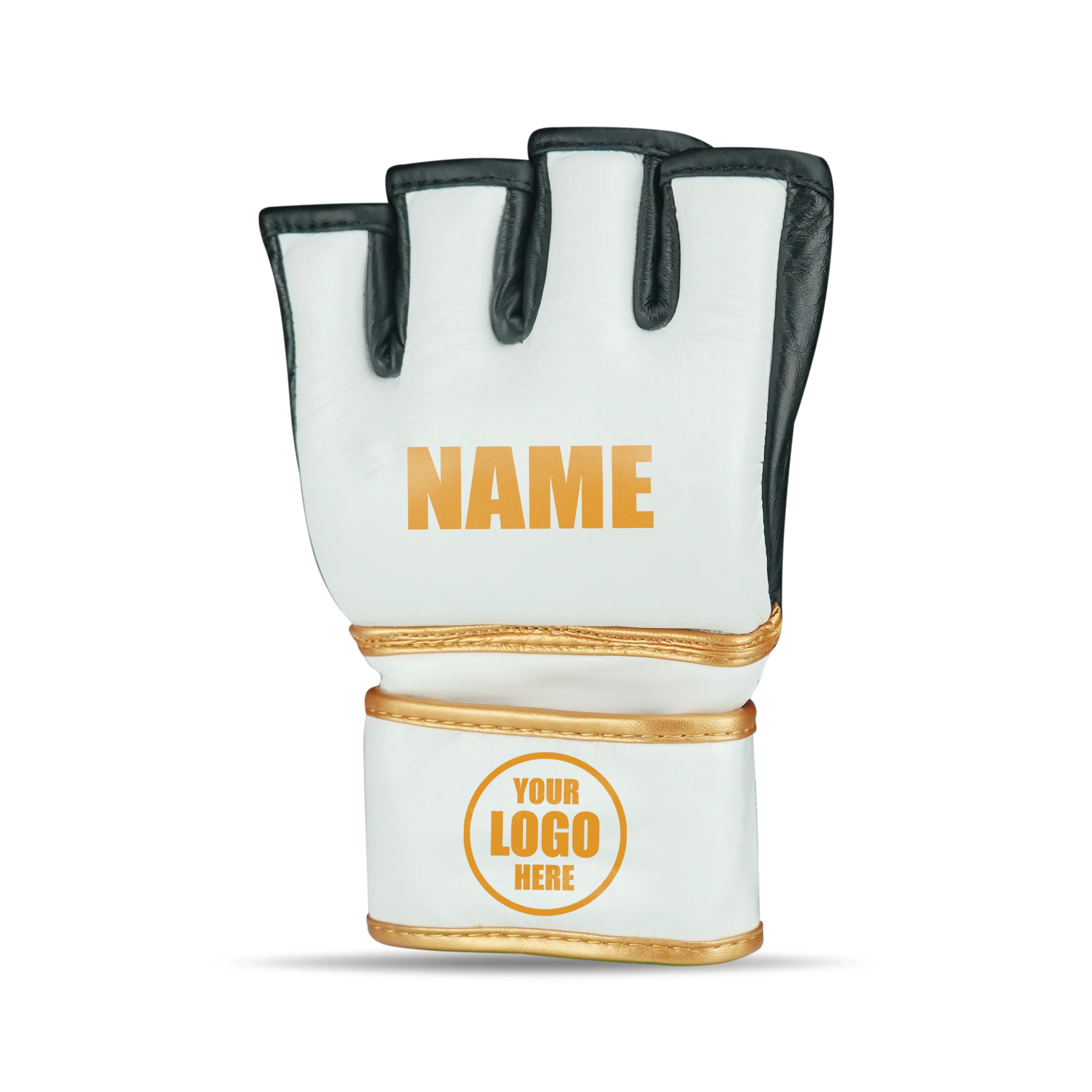 CUSTOM PRO GOLD/WHITE MMA FIGHT GENUINE LEATHER GLOVES - Image 2