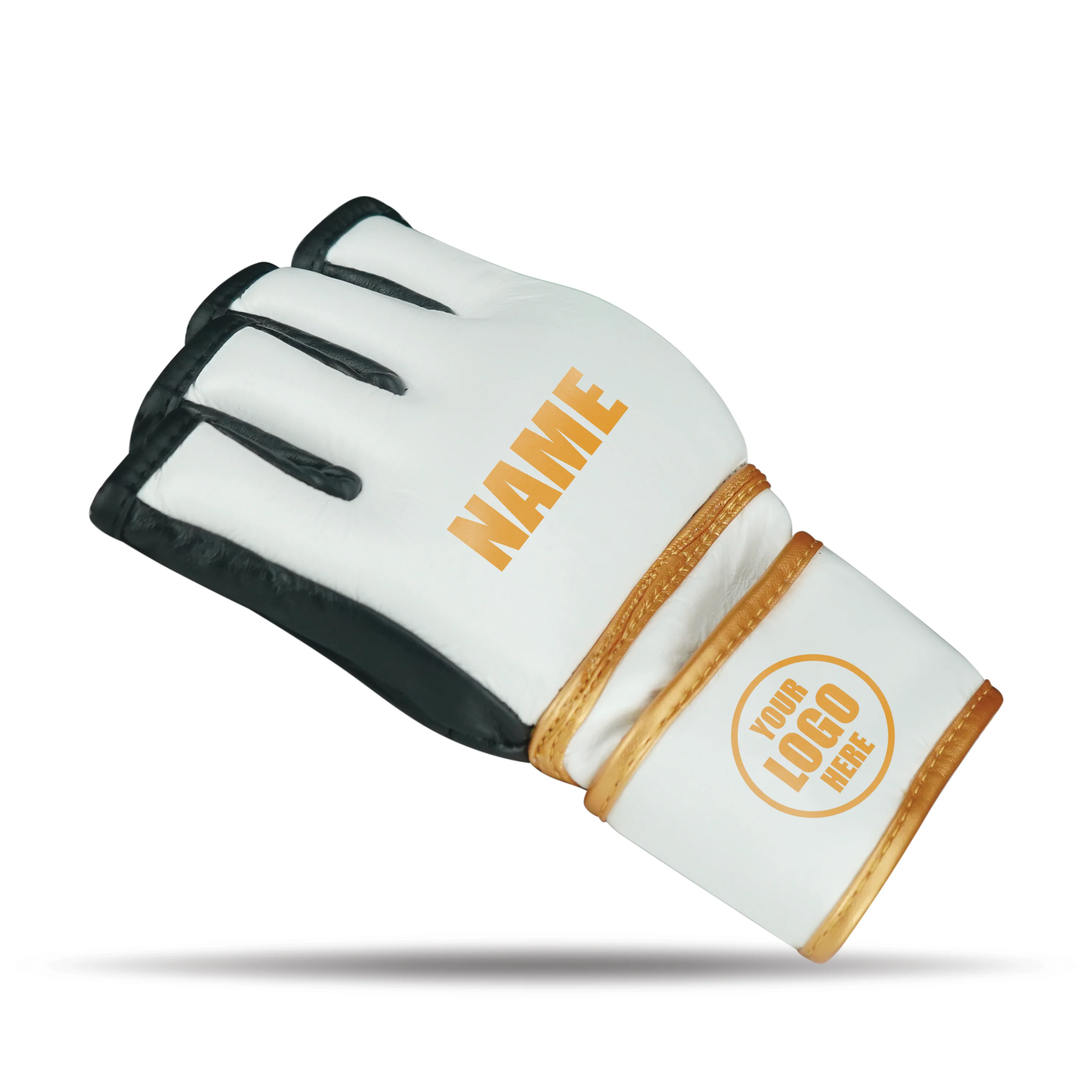 CUSTOM PRO GOLD/WHITE MMA FIGHT GENUINE LEATHER GLOVES - Image 4