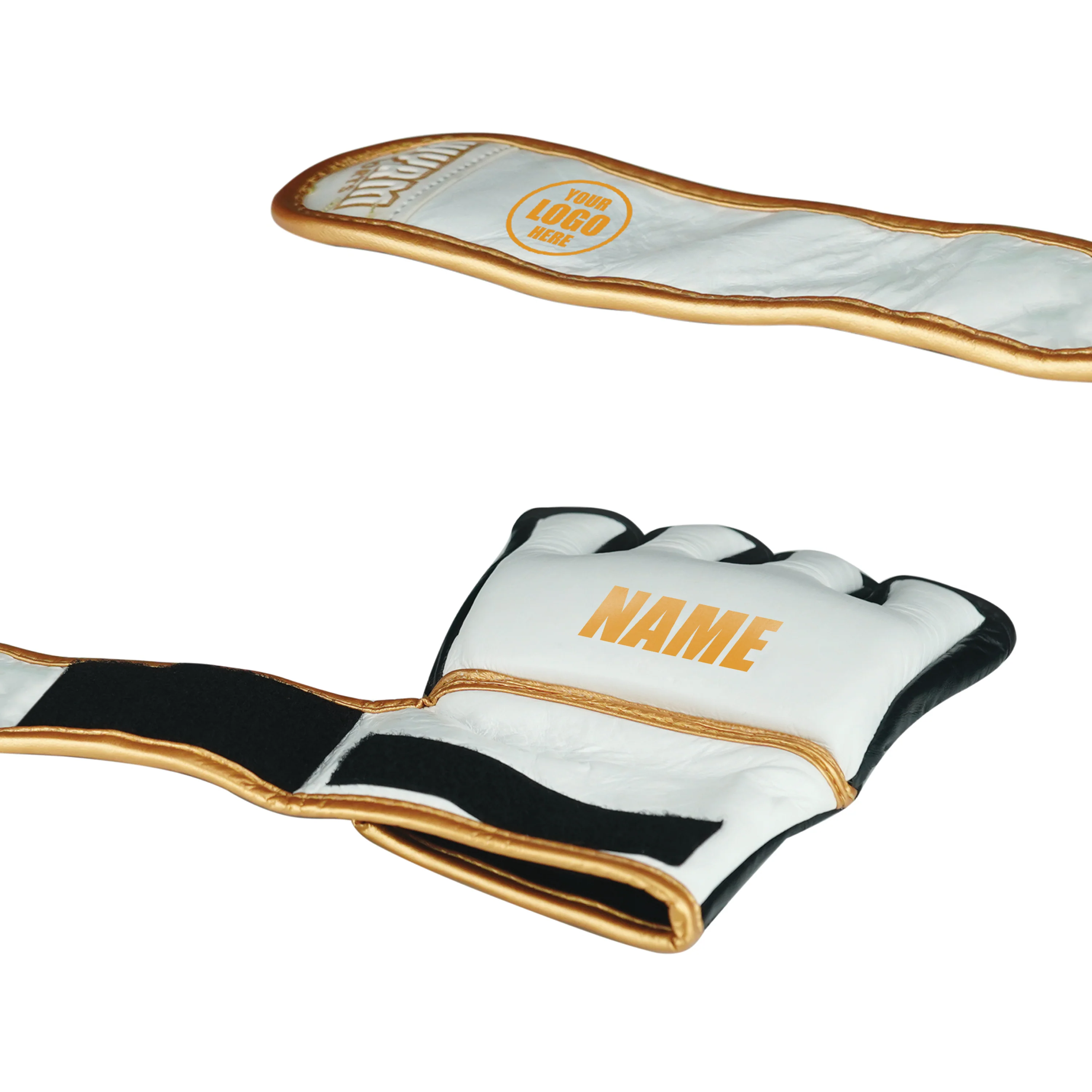CUSTOM PRO GOLD/WHITE MMA FIGHT GENUINE LEATHER GLOVES - Image 6