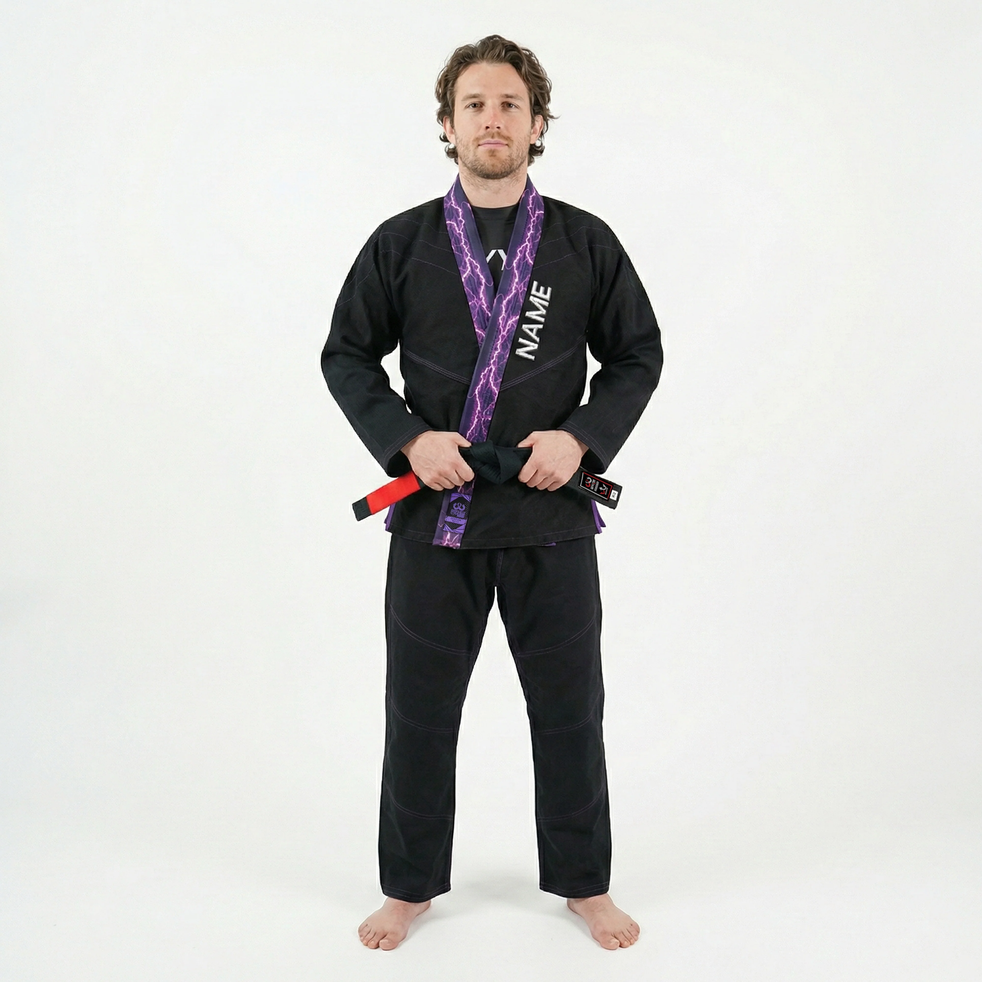 Premium Customized Logo Black with Thunder Purple Lapel Brazilian Jiu Jitsu Gi - Image 3
