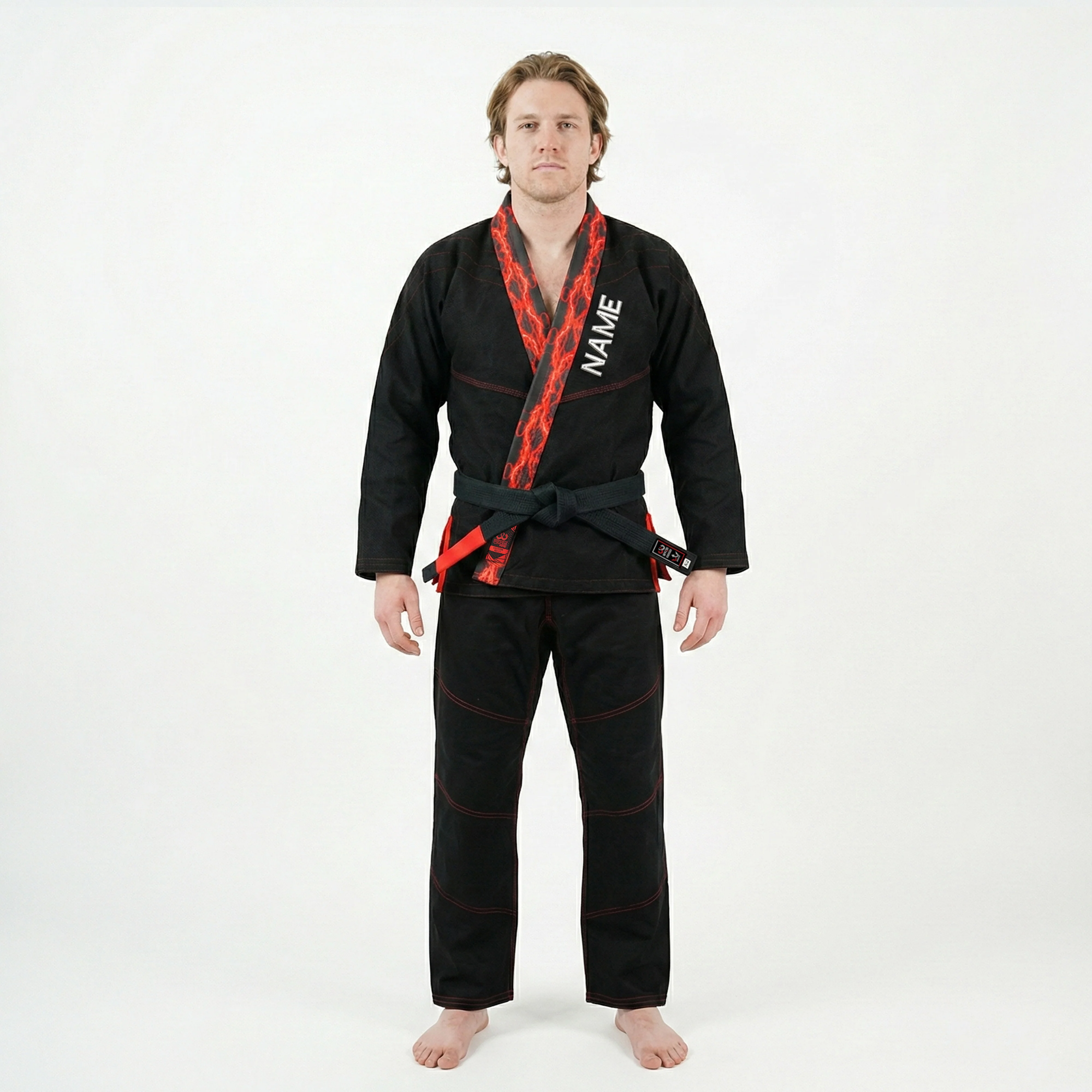 Premium Customized Logo Black with Thunder Red Lapel Brazilian Jiu Jitsu Gi - Image 3