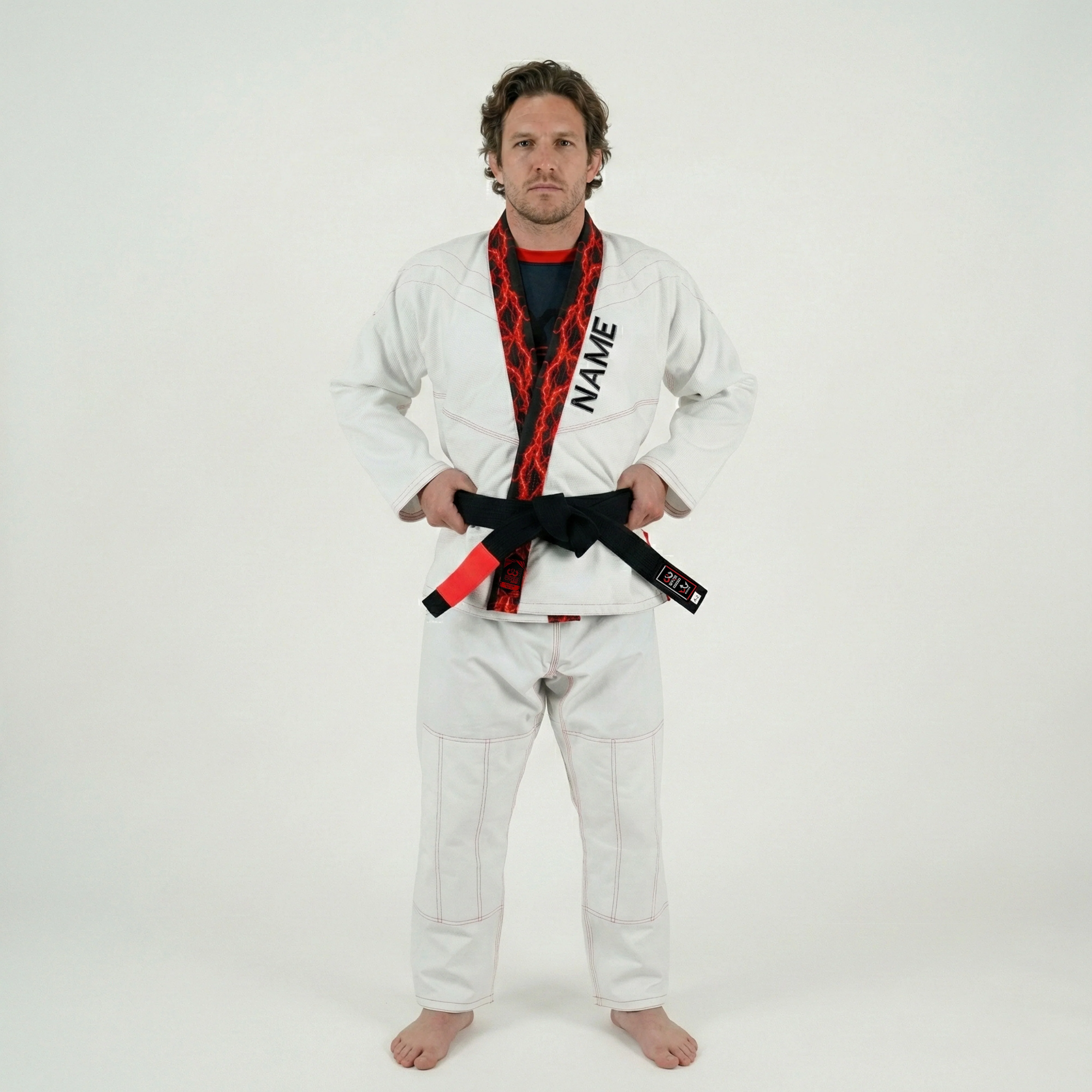 Premium Customized Logo White with Thunder Red Lapel Brazilian Jiu Jitsu Gi - Image 3